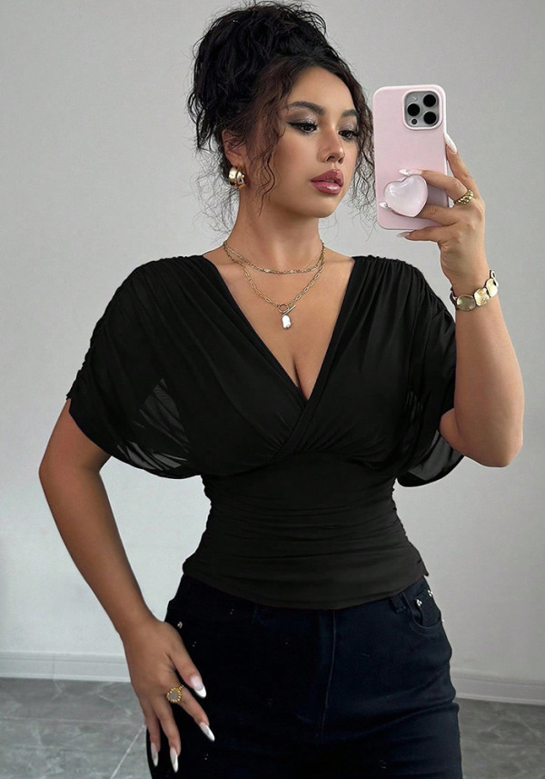 Women Chic Solid Color Deep V Neck Short Sleeve Slim Waist Top