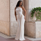 Women Metal Decor Sexy Low Back One Shoulder Slim Fit Party Dress