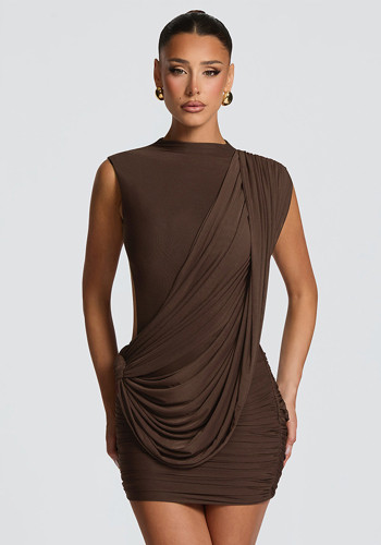 Women Fashion Ruched Slim Fit Sleeveless Asymmetric Low Back Tie Dress