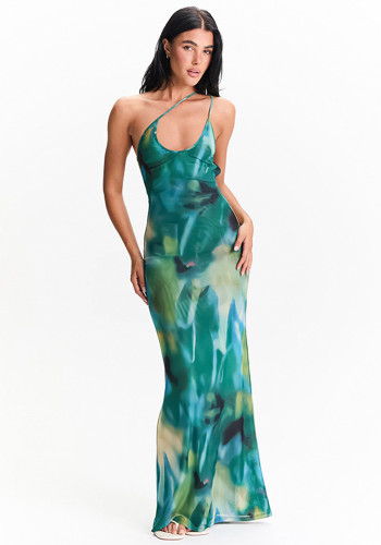 Women Holiday Style Sexy Tie-Dye Print Strap Low Back Long Dress