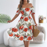 Women Spring Summer Floral Off Shoulder Short Sleeve Ruffle A-Line Beach Dress