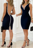 Women Navy Blue Deep V Sexy Mini Party Dress