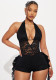 Women Solid Color Sexy Slim Fit Lace Patchwork Halter Neck Low Back Ruffle Jumpsuit