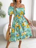 Women Spring Summer Floral Off Shoulder Short Sleeve Ruffle A-Line Beach Dress