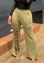 Women Autumn Fashion Ripped Zipper Patchwork Loose Flared Pants
