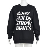 Women Loose Letter Print Contrast Color Round Neck Long Sleeve T-shirt