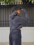 Women Spring Casual Washed Denim Hooded Long Sleeve Top