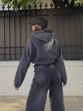Women Spring Casual Washed Denim Hooded Long Sleeve Top