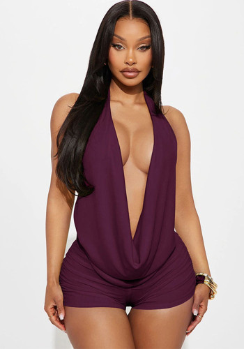 Women Spring Sexy Low Back Lace-Up Ruched Two Piece Shorts Set