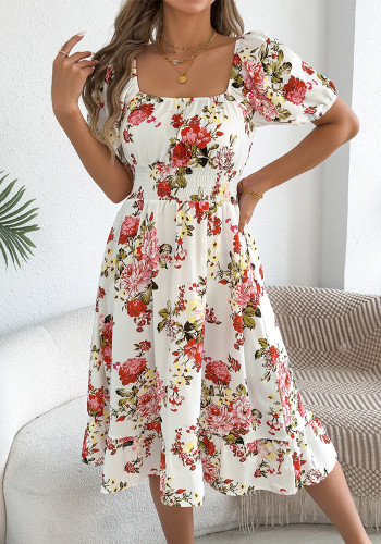 Women Spring Summer Floral Off Shoulder Short Sleeve Ruffle A-Line Dress