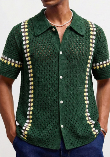 Men Summer Hollow Knitted Short Sleeve Turndown Collar Shirt Top