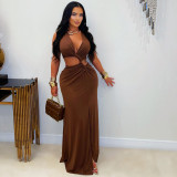 Women Hollow-Out Open Waist Knot Deep V Slit Slim Fit Evening Long Dress