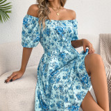 Women Spring Summer Floral Off Shoulder Short Sleeve Ruffle Midi Beach Dress