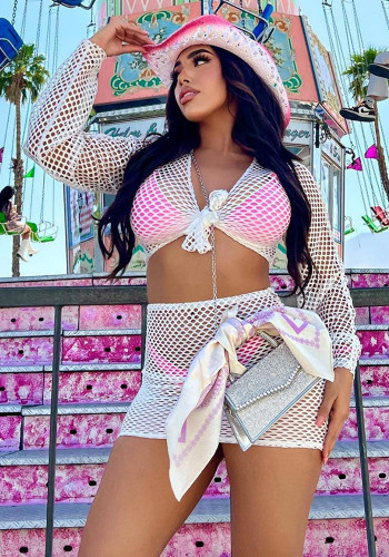 Women Autumn Sexy Mesh Lace-Up Long Sleeve Mini Skirt Set