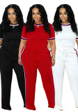 Spring Summer Women Trendy Patchwork Ribbed Contrast Lounge Two-Piece Pants Set