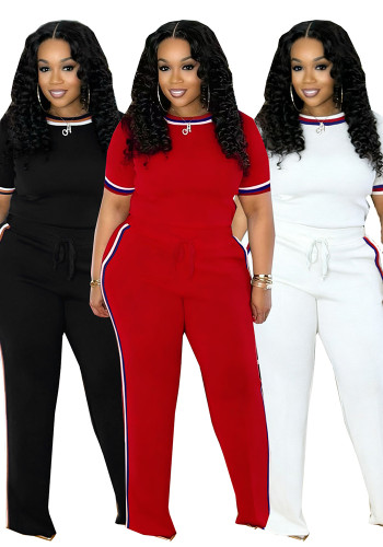 Spring Summer Women Trendy Patchwork Ribbed Contrast Lounge Two-Piece Pants Set
