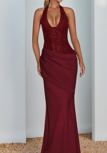 Women Autumn Shiny Knitted V-Neck Halter Neck Patchwork Bodycon Evening Dress