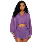 Women Autumn Winter Solid Color Long Sleeve Mesh Bubble Hem Shirt Skirt Set