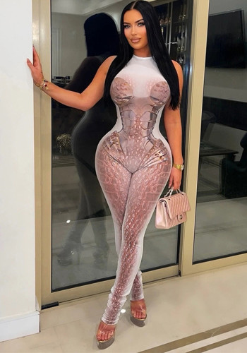 Women Spring Sexy Slim Fit Print Sleeveless Tight Jumpsuit