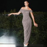 Women Spring Sexy Ruched Off Shoulder Low Back Irregular Solid Dress