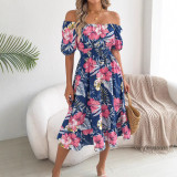 Women Spring Summer Floral Off Shoulder Short Sleeve Ruffle A-Line Beach Dress