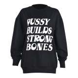 Women Loose Letter Print Contrast Color Round Neck Long Sleeve T-shirt