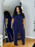 Spring Summer Women Trendy Patchwork Ribbed Contrast Lounge Two-Piece Pants Set