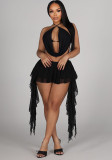 Women Mesh Halter Neck Draped Lace-Up Top & Ruffle Skort Two-Piece Set