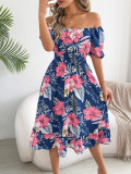 Women Spring Summer Floral Off Shoulder Short Sleeve Ruffle A-Line Beach Dress