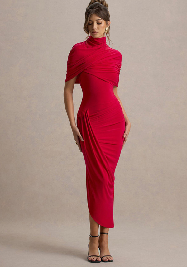 Women Chic Ruched Slim Fit Low Back Bodycon Long Dress