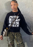 Women Loose Letter Print Contrast Color Round Neck Long Sleeve T-shirt