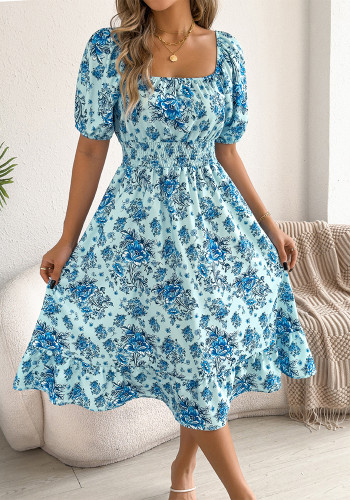 Women Spring Summer Floral Off Shoulder Short Sleeve Ruffle Midi Beach Dress