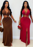 Women Hollow-Out Open Waist Knot Deep V Slit Slim Fit Evening Long Dress