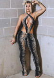 Women Spring Fashion Casual Snake Print Tight Fitting Low Back Jumpsuit