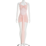 Women Mesh Patchwork Knot Halter Neck Tie Dress