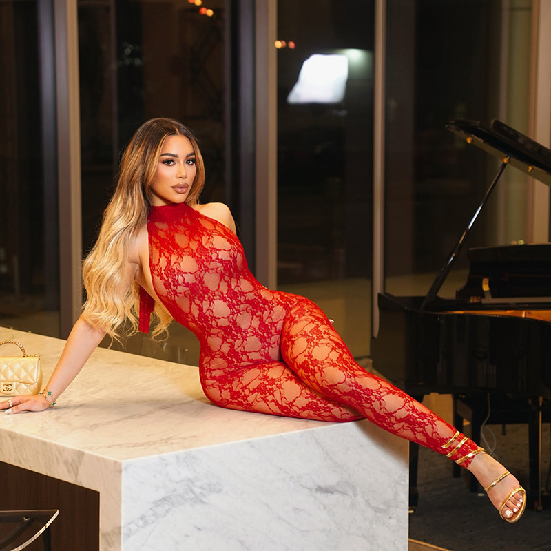 See-Through Lace Halter Lace-Up Jumpsuit for Club Wear