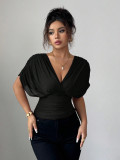 Women Chic Solid Color Deep V Neck Short Sleeve Slim Waist Top