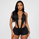Women Spring Solid Color Sexy O-Ring Cut-Out Halter Neck Low Back Jumpsuit