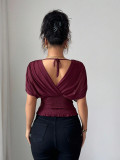 Women Chic Solid Color Deep V Neck Short Sleeve Slim Waist Top