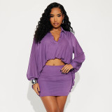 Women Autumn Winter Solid Color Long Sleeve Mesh Bubble Hem Shirt Skirt Set