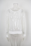 Women Solid Color Hollow-Out Holiday Knitted Long Sleeve Beach Cover-Up