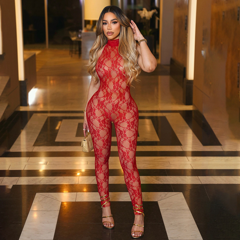 See-Through Lace Halter Lace-Up Jumpsuit for Club Wear