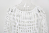 Women Solid Color Hollow-Out Holiday Knitted Long Sleeve Beach Cover-Up