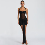 Women Mesh Patchwork Knot Halter Neck Tie Dress