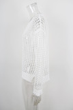 Women Solid Color Hollow-Out Holiday Knitted Long Sleeve Beach Cover-Up