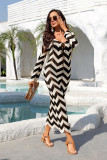 Women Spring Summer Patchwork V-Neck Lace-Up Knitted Beach Long Dress