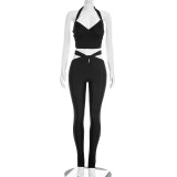 Women Spring Solid Color Sexy Tight Fitting Waist Cut-Out Tank and Pants Set