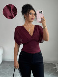 Women Chic Solid Color Deep V Neck Short Sleeve Slim Waist Top