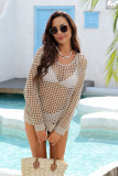 Women Solid Color Hollow-Out Holiday Knitted Long Sleeve Beach Cover-Up