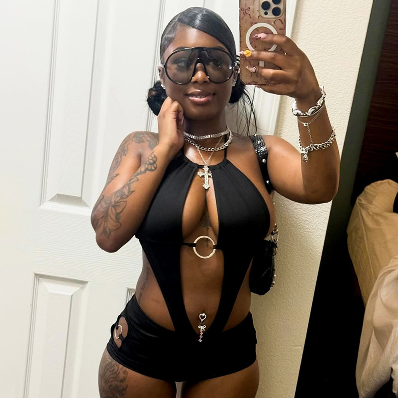Solid O-Ring Cut-Out Halter Jumpsuit for Spring Clubwear